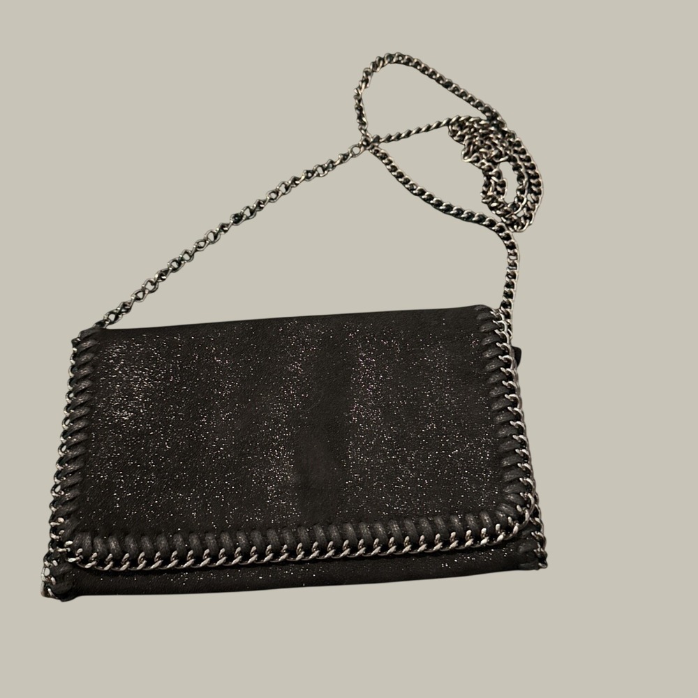 Black Shimmer Whipstitch Chain Crossbody Bag Silver Hardware Evening Clutch